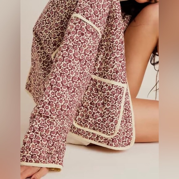 Floral Print Cropped Quilted Jacket Cardigan Open Front Padded Lightweight Coat - Picture 2 of 4